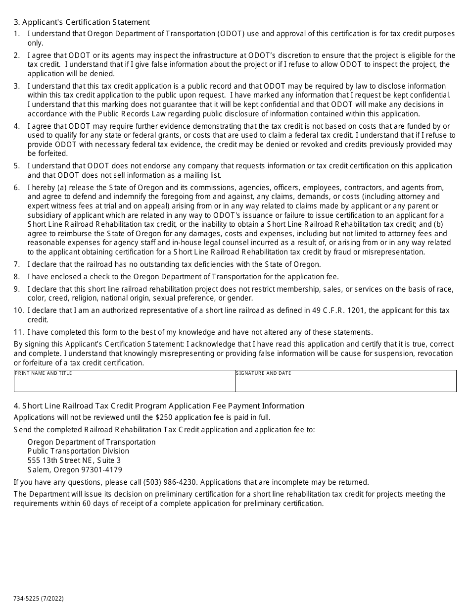 ODOT Form 734-5225 Short Line Railroad Rehabilitation Tax Credit Application for Preliminary Certification - Oregon, Page 2