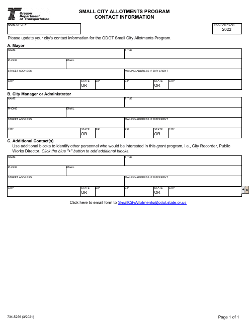 Form 734-5256 Contact Information - Small City Allotments Program - Oregon