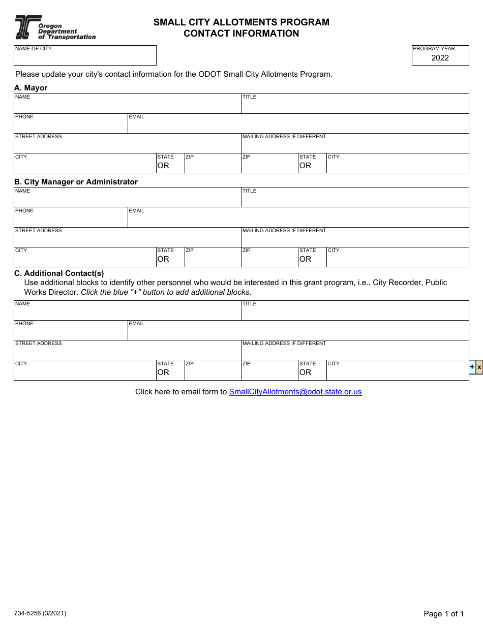 Form 734-5256 Contact Information - Small City Allotments Program - Oregon, Page 1