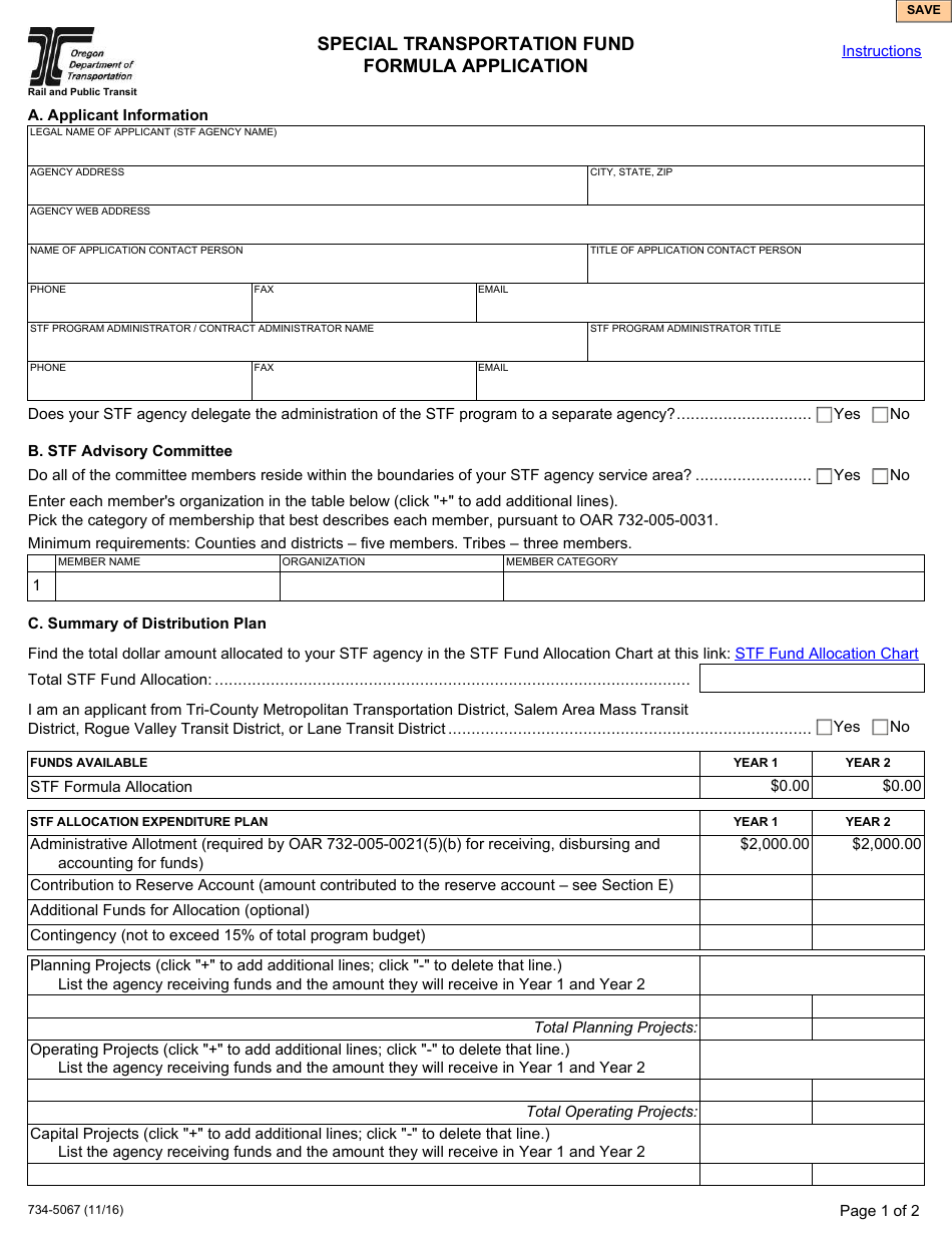 Form 734-5067 Special Transportation Fund Formula Application - Oregon, Page 1