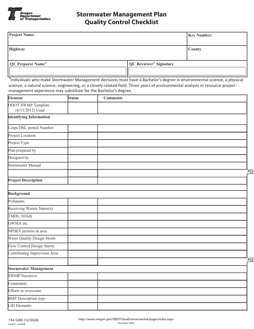 Form 734-5283 Stormwater Management Plan Quality Control Checklist - Oregon