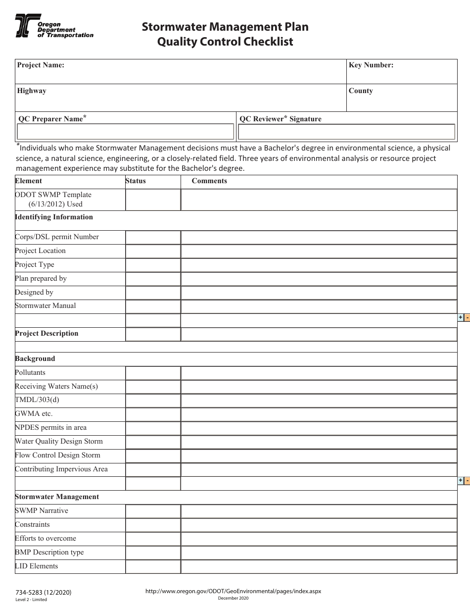 Form 734-5283 Stormwater Management Plan Quality Control Checklist - Oregon, Page 1