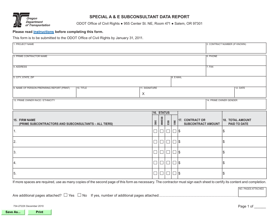 Form 734-2722X Special ae Sunconsultant Data Report - Oregon, Page 1