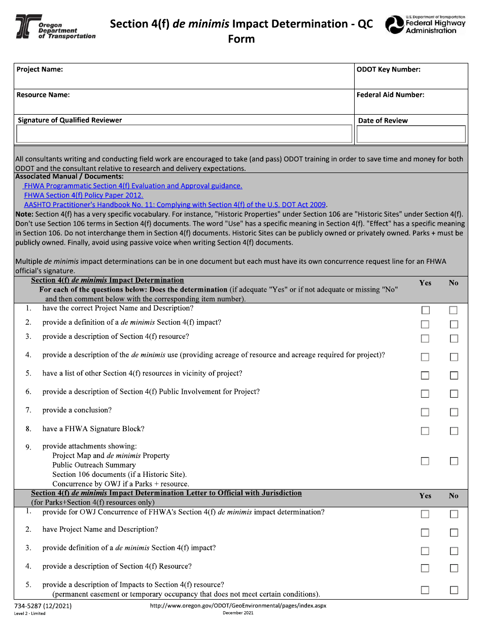 Form 734-5287 Section 4(F) De Minimis Impact Determination - Qc Form - Oregon, Page 1