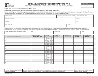 Document preview: Form 734-2722 Summary Report of Subcontractors Paid - Oregon
