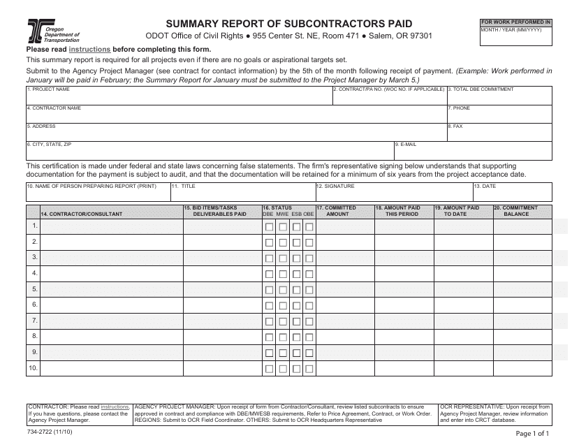 Form 734-2722 Summary Report of Subcontractors Paid - Oregon