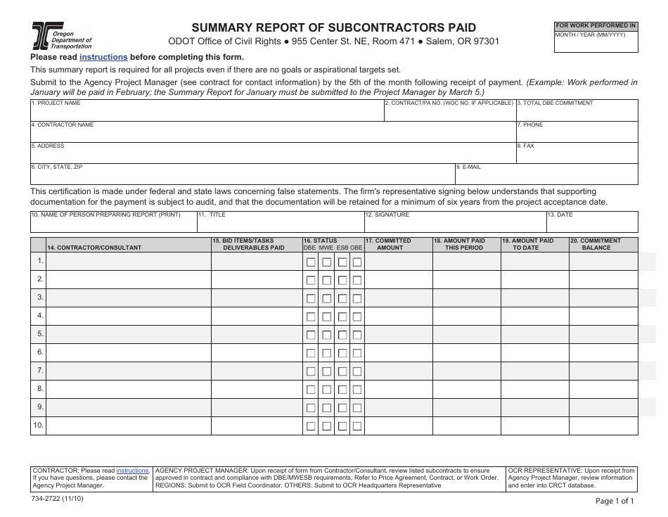 Form 734-2722 Summary Report of Subcontractors Paid - Oregon, Page 1