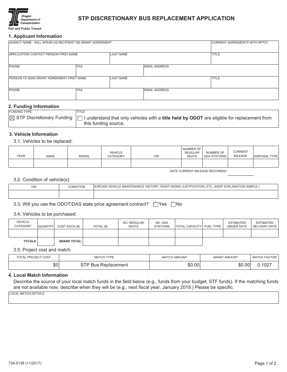 Form 734-5138 Stp Discretionary Bus Replacement Application - Oregon, Page 1