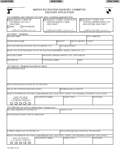 ODOT Form 734-2382 Winter Recreation Advisory Committee Sno-Park Application - Oregon