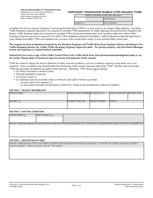 Form 734-2886 Temporary Transverse Rumble Strip Request Form - Oregon