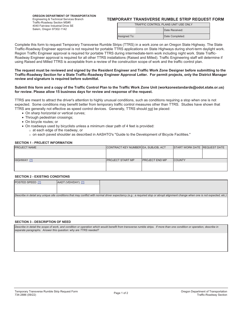 Form 734-2886 Temporary Transverse Rumble Strip Request Form - Oregon, Page 1