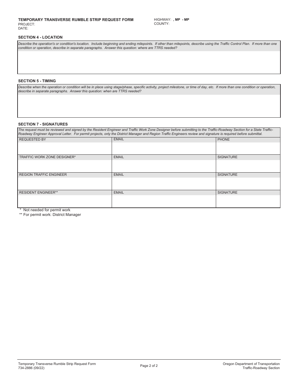 Form 734-2886 Temporary Transverse Rumble Strip Request Form - Oregon, Page 2