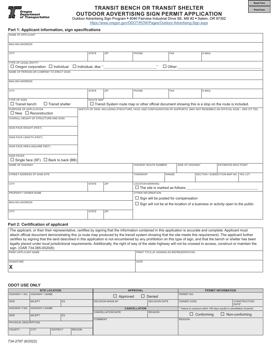 ODOT Form 734-2797 Transit Bench or Transit Shelter Outdoor Advertising Sign Permit Application - Oregon, Page 1