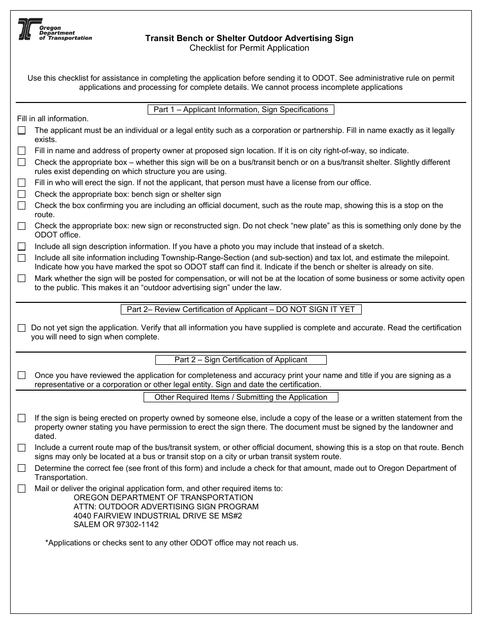 ODOT Form 734-2797 Transit Bench or Transit Shelter Outdoor Advertising Sign Permit Application - Oregon, Page 2
