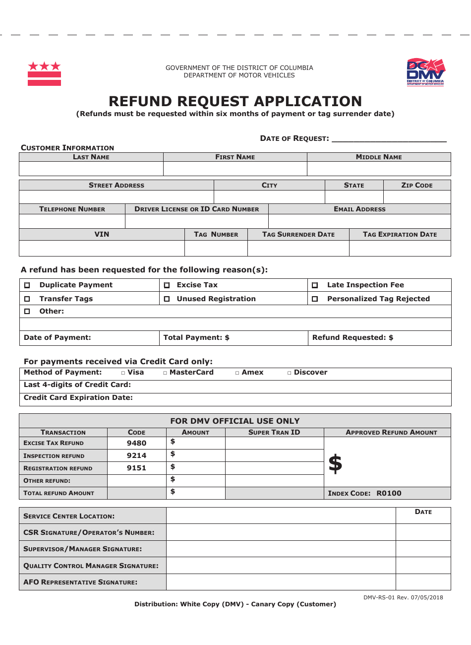Form DMV-RS-01 Refund Request Application - Washington, D.C., Page 1