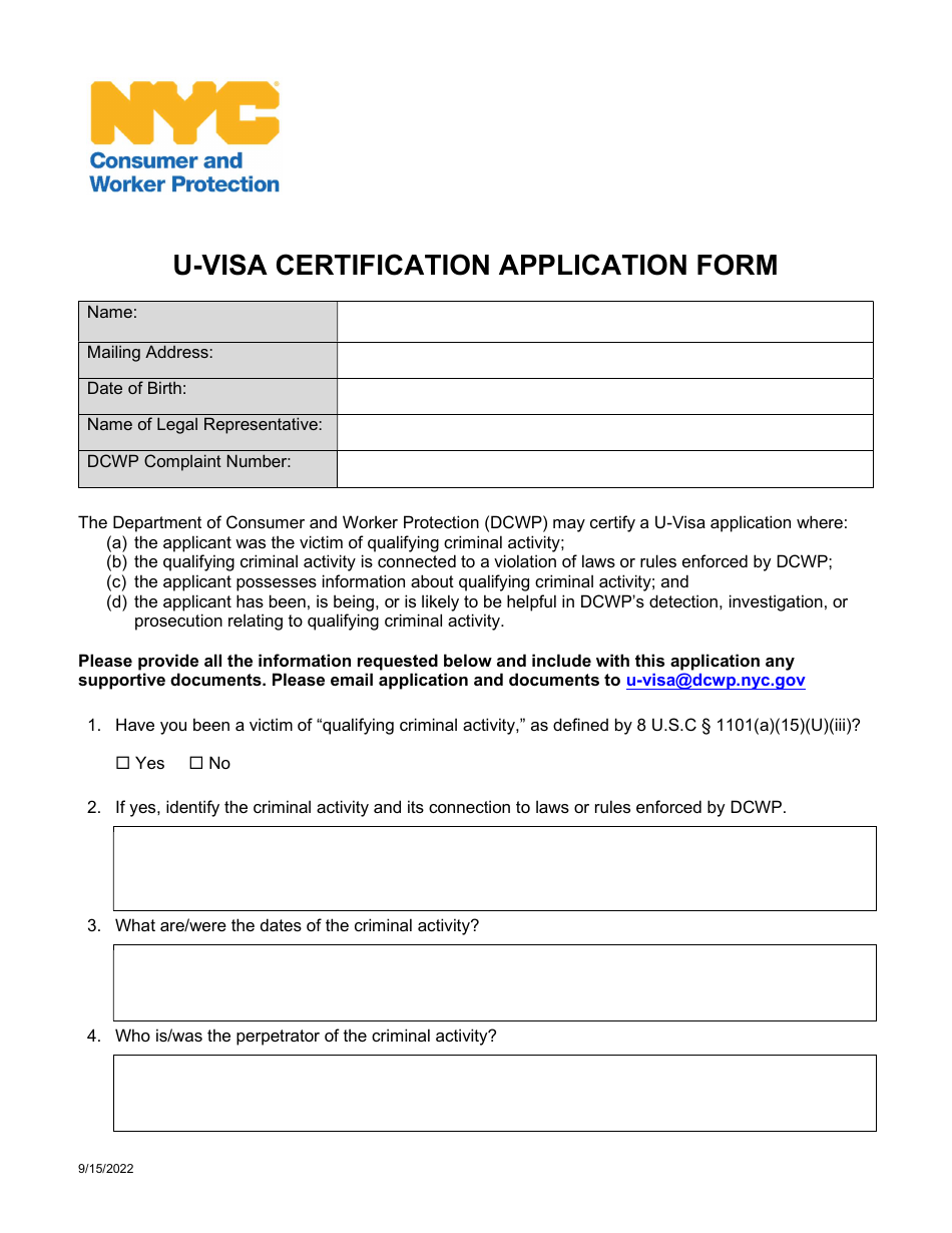 U-Visa Certification Application Form - New York City, Page 1