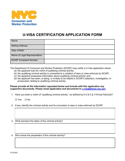 U-Visa Certification Application Form - New York City Download Pdf