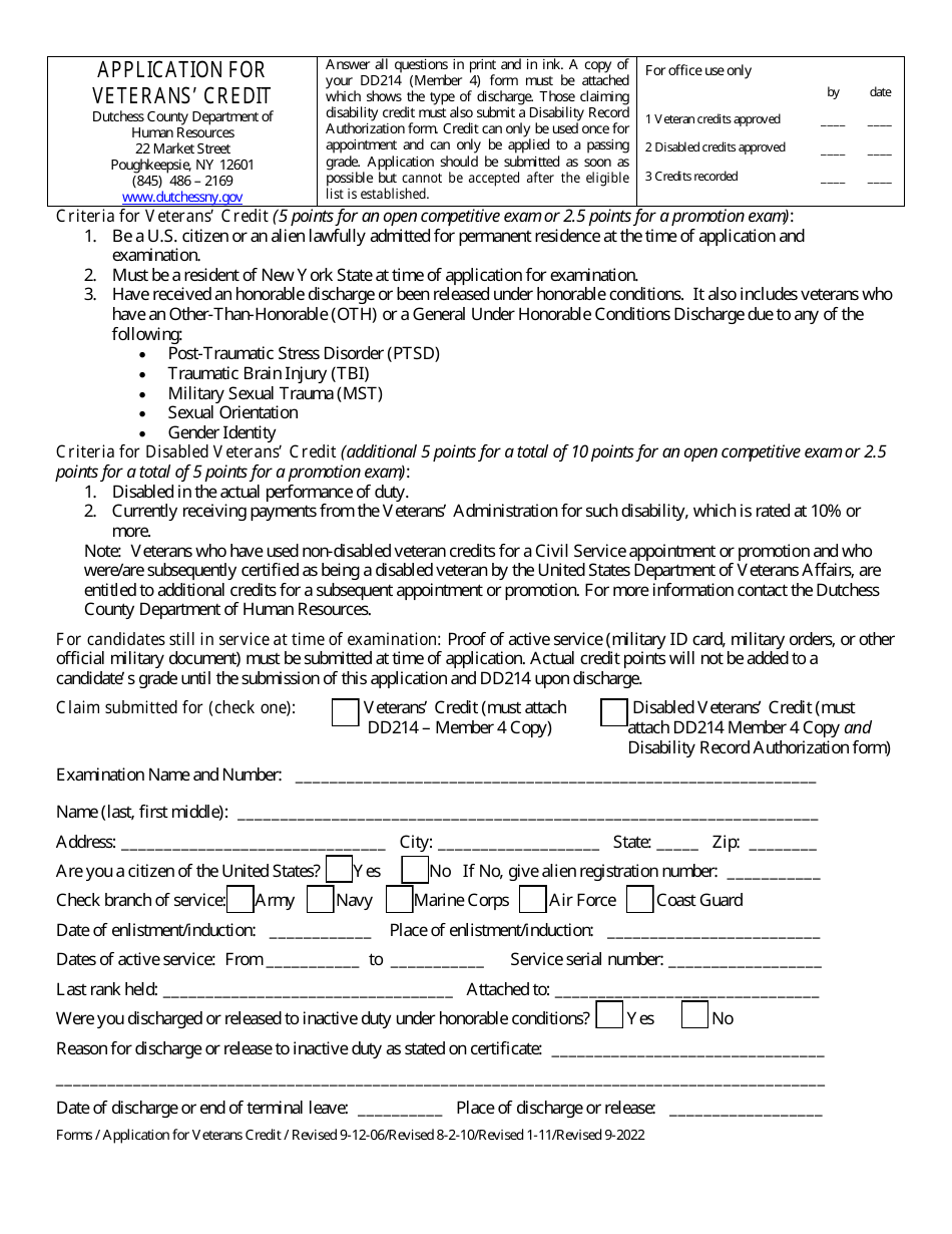 Application for Veterans Credit - Dutchess County, New York, Page 1