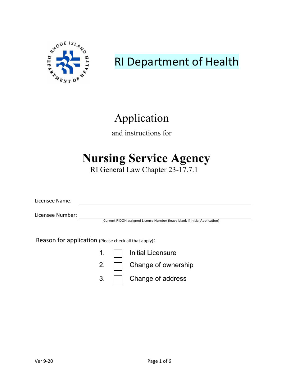 Application for Nursing Service Agency - Rhode Island, Page 1