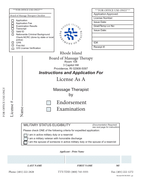 Application for License as a Massage Therapist - Rhode Island