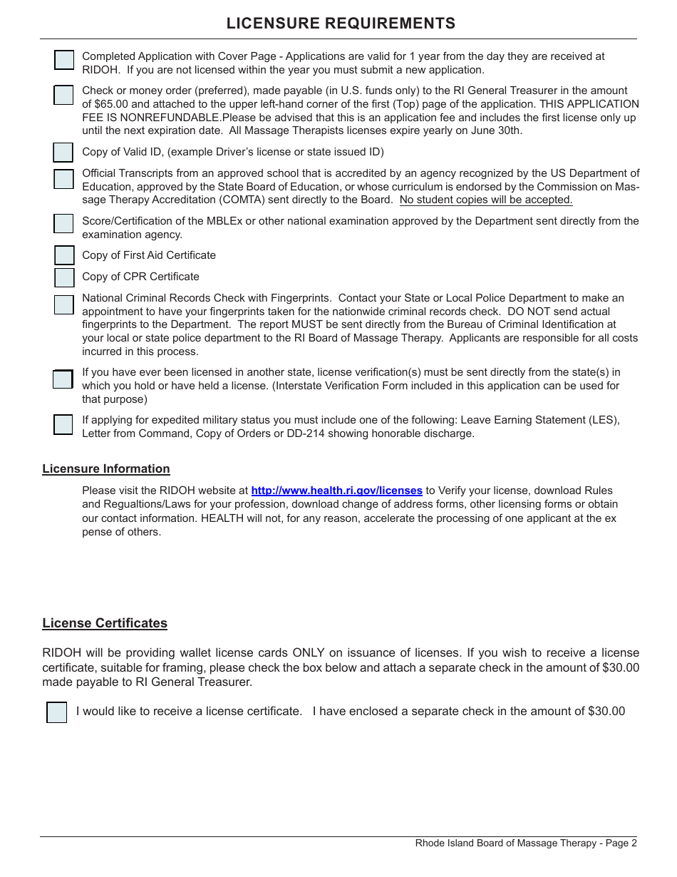 Application for License as a Massage Therapist - Rhode Island, Page 2