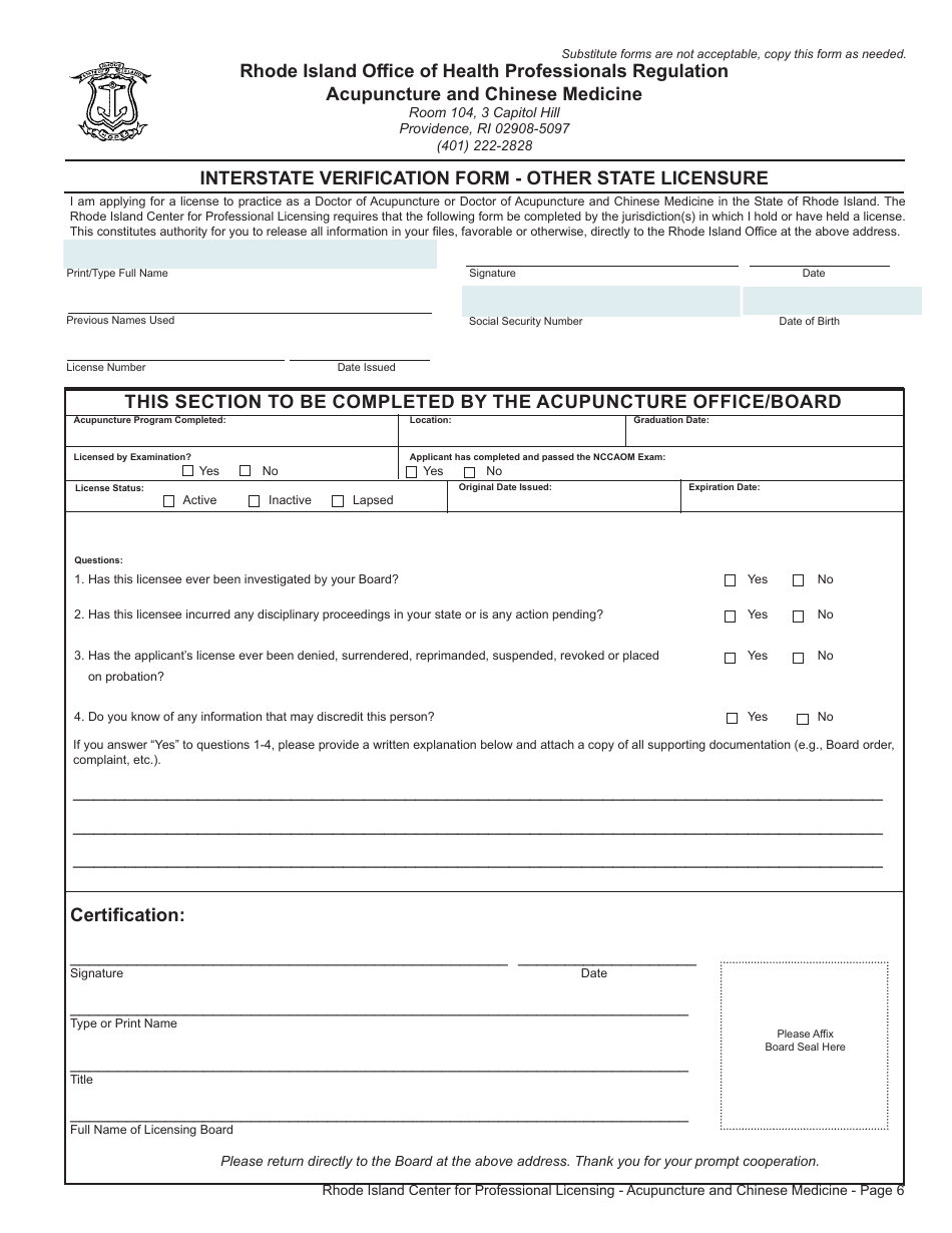 Application for a License as a Doctor of Acupuncture and Oriental Medicine - Rhode Island, Page 6