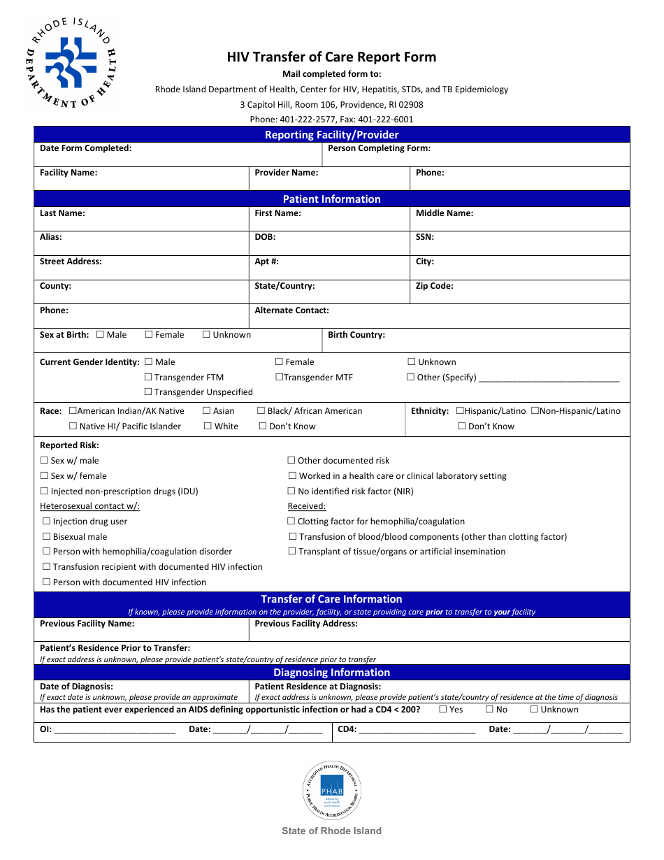 HIV Transfer of Care Report Form - Rhode Island, Page 1