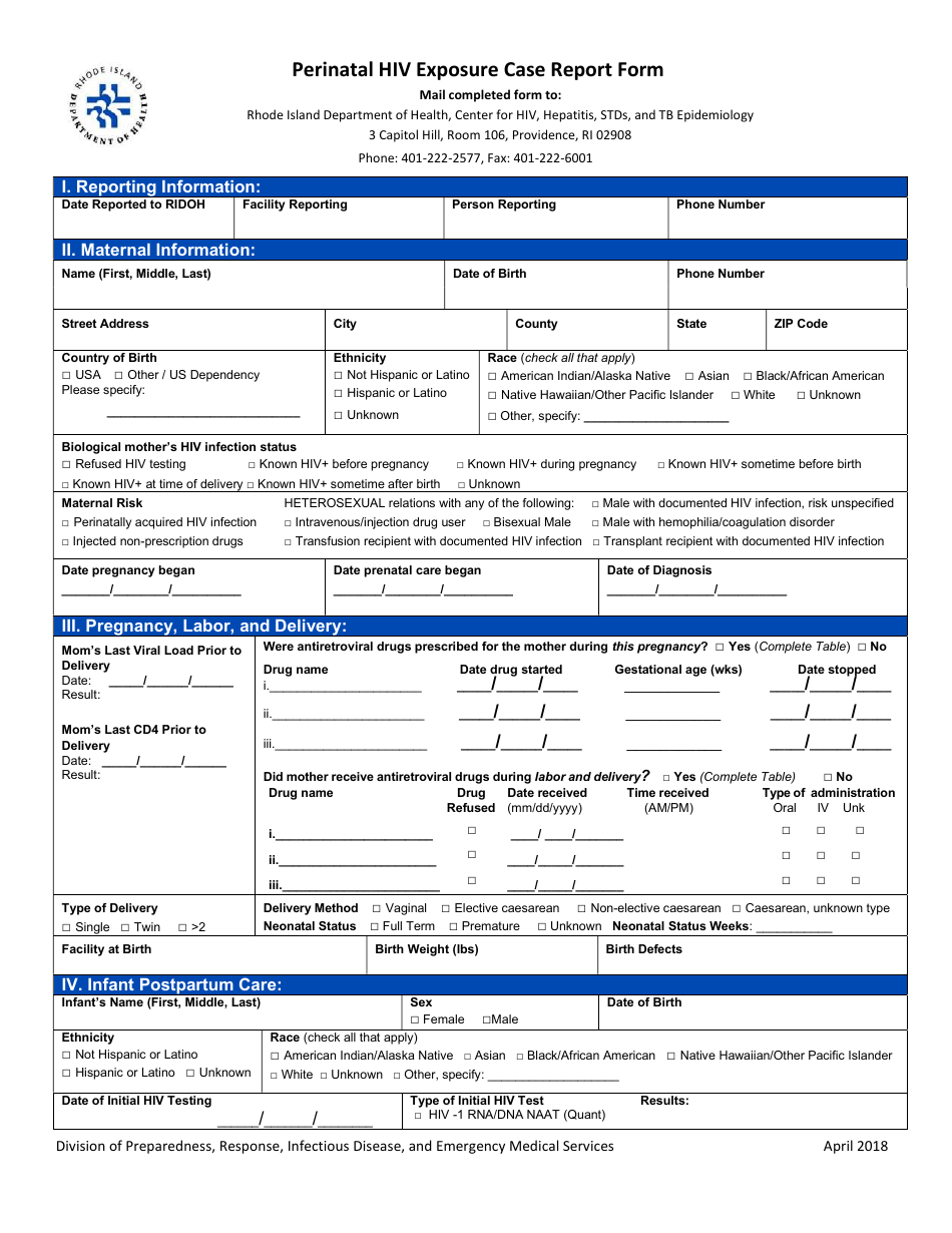 Perinatal HIV Exposure Case Report Form - Rhode Island, Page 1