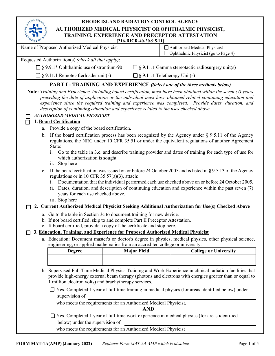 Form MAT-1A(AMP) Authorized Medical Physicist or Ophthalmic Physicist, Training, Experience and Preceptor Attestation - Rhode Island, Page 1
