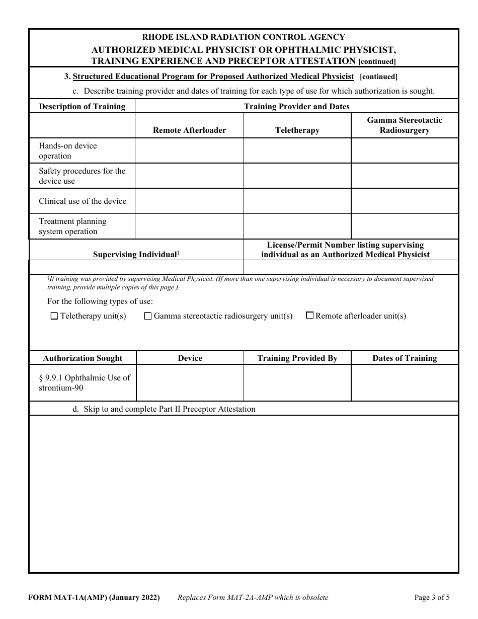 Form MAT-1A(AMP) Authorized Medical Physicist or Ophthalmic Physicist, Training, Experience and Preceptor Attestation - Rhode Island, Page 3