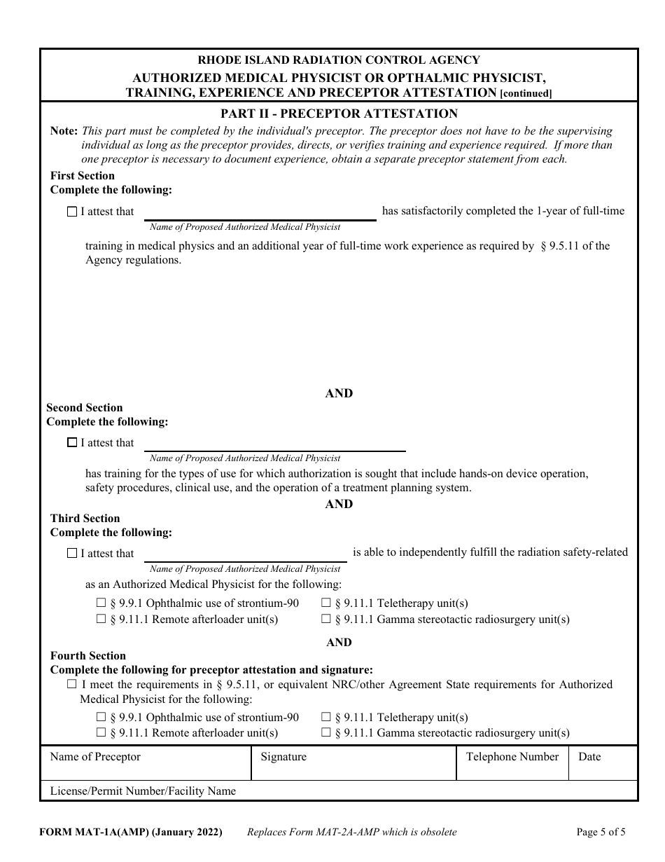 Form MAT-1A(AMP) Authorized Medical Physicist or Ophthalmic Physicist, Training, Experience and Preceptor Attestation - Rhode Island, Page 5