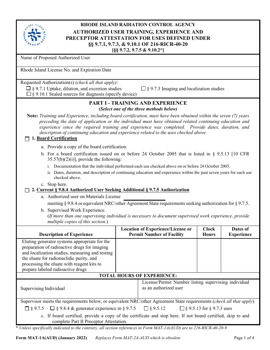 Form MAT-1A(AUD) Authorized User Training, Experience and Preceptor Attestation for Uses Defined Under 9.7.1, 9.7.3,  9.10.1 of 216-ricr-40-20 - Rhode Island, Page 1