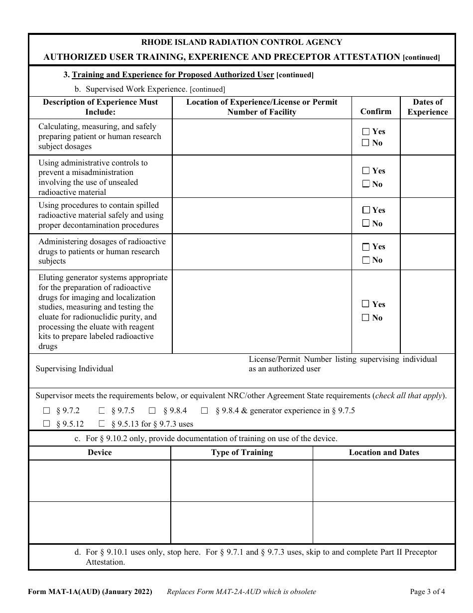 Form MAT-1A(AUD) Authorized User Training, Experience and Preceptor Attestation for Uses Defined Under 9.7.1, 9.7.3,  9.10.1 of 216-ricr-40-20 - Rhode Island, Page 3