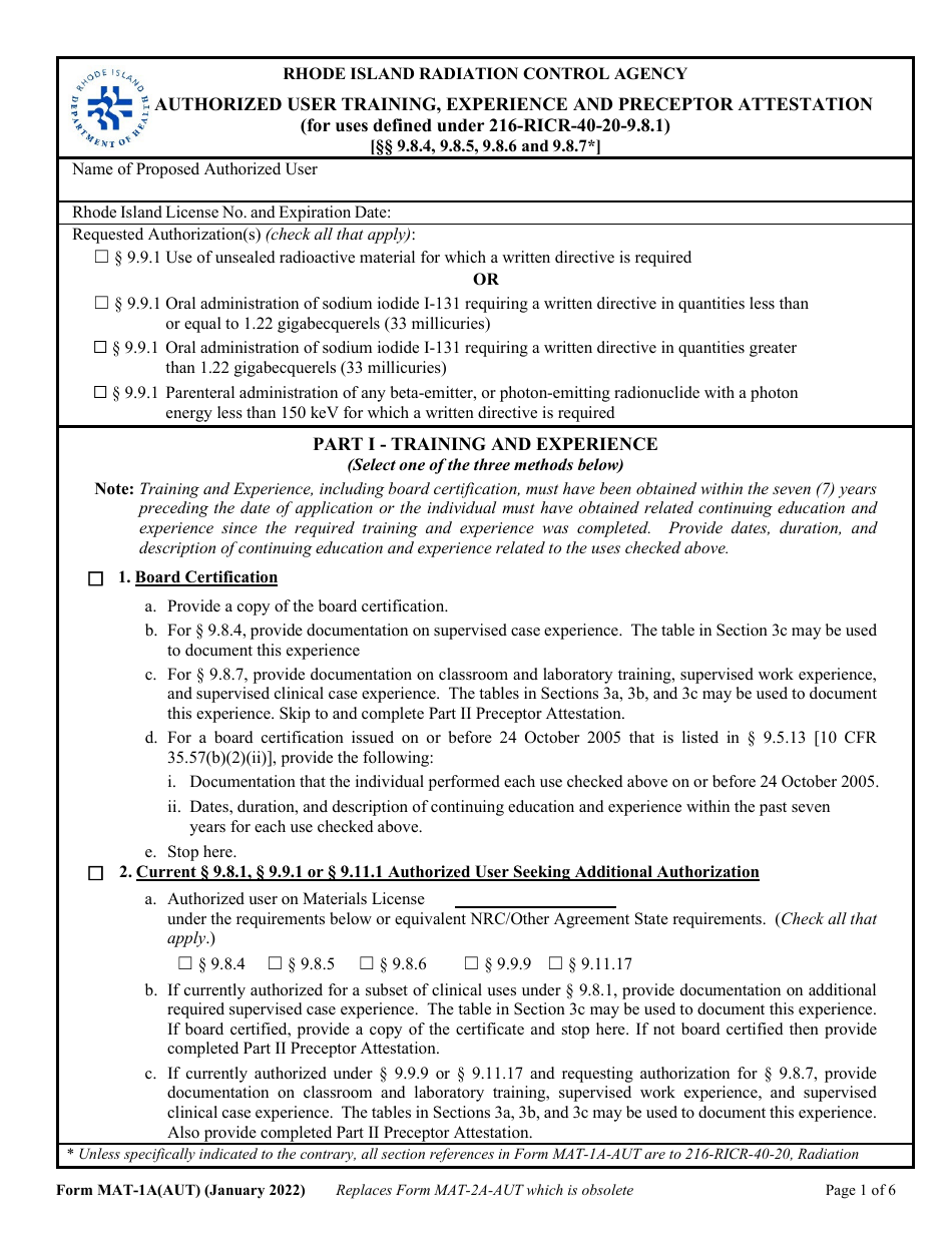 Form MAT-1A(AUT) Authorized User Training, Experience and Preceptor Attestation (For Uses Defined Under 216-ricr-40-20-9.8.1) - Rhode Island, Page 1