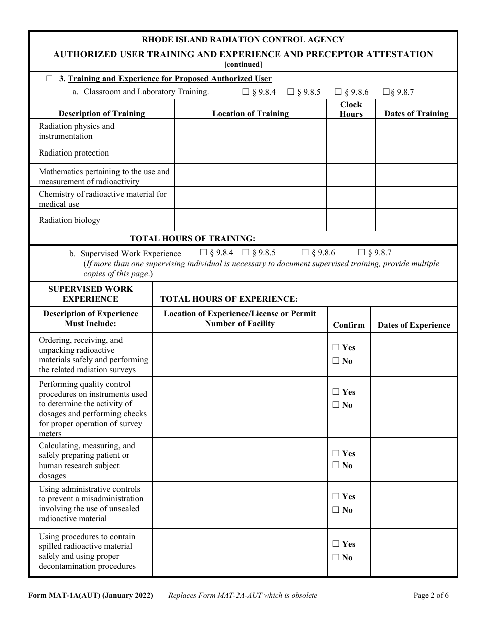 Form MAT-1A(AUT) Authorized User Training, Experience and Preceptor Attestation (For Uses Defined Under 216-ricr-40-20-9.8.1) - Rhode Island, Page 2