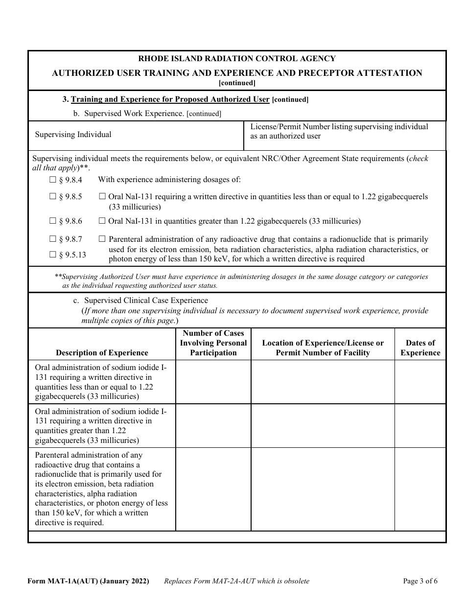 Form MAT-1A(AUT) Authorized User Training, Experience and Preceptor Attestation (For Uses Defined Under 216-ricr-40-20-9.8.1) - Rhode Island, Page 3