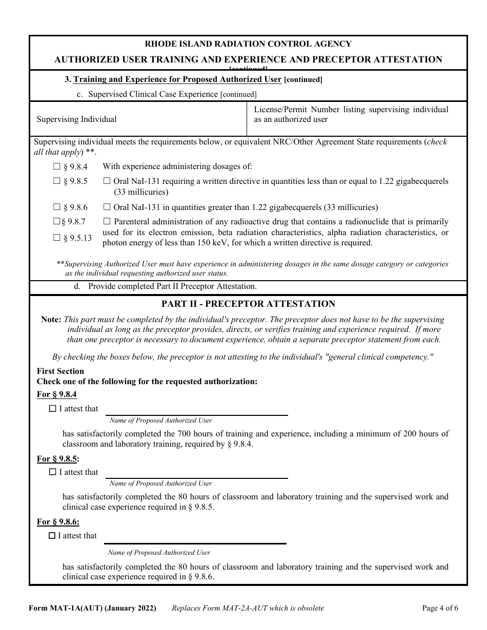 Form MAT-1A(AUT) Authorized User Training, Experience and Preceptor Attestation (For Uses Defined Under 216-ricr-40-20-9.8.1) - Rhode Island, Page 4
