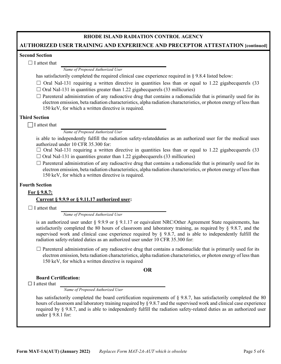 Form MAT-1A(AUT) Authorized User Training, Experience and Preceptor Attestation (For Uses Defined Under 216-ricr-40-20-9.8.1) - Rhode Island, Page 5