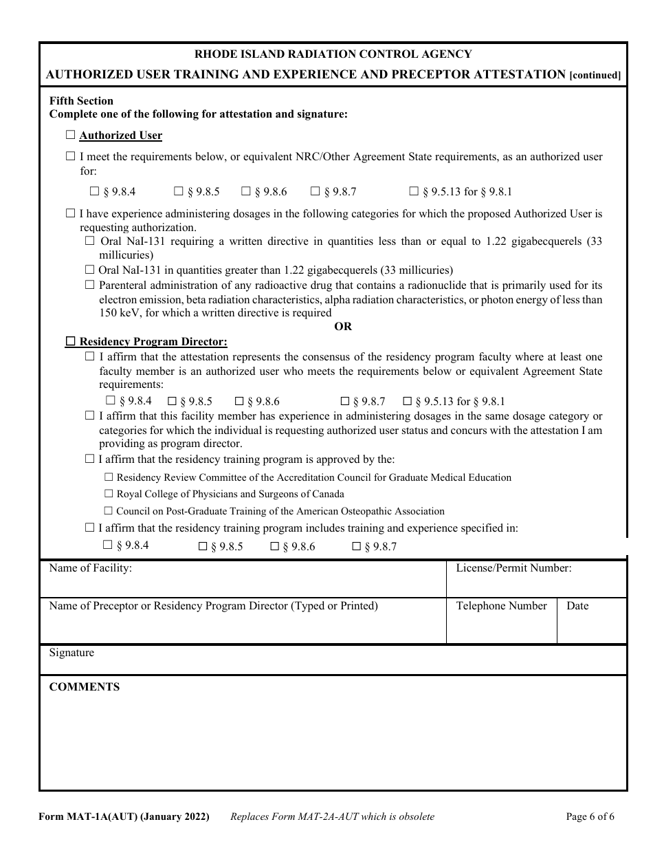 Form MAT-1A(AUT) Authorized User Training, Experience and Preceptor Attestation (For Uses Defined Under 216-ricr-40-20-9.8.1) - Rhode Island, Page 6