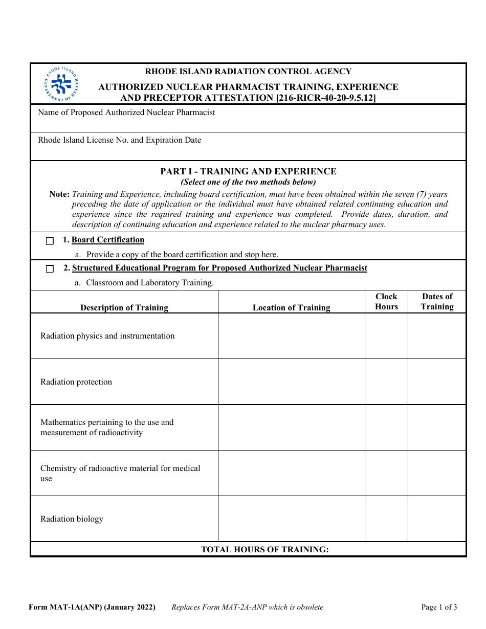 Form MAT-1A(ANP) Authorized Nuclear Pharmacist Training, Experience and Preceptor Attestation [216-ricr-40-20-9.5.12] - Rhode Island, Page 1