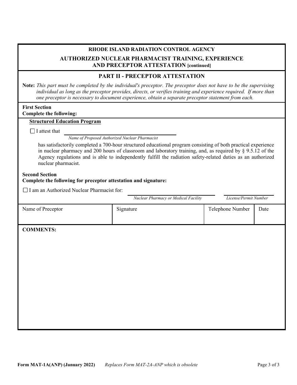 Form MAT-1A(ANP) Authorized Nuclear Pharmacist Training, Experience and Preceptor Attestation [216-ricr-40-20-9.5.12] - Rhode Island, Page 3