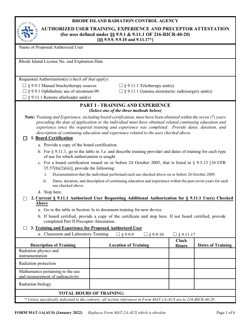 Form MAT-1A(AUS)  Printable Pdf