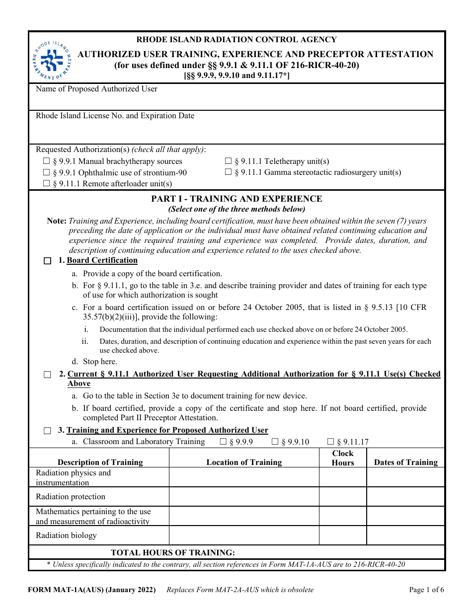 Form MAT-1A(AUS) Authorized User Training, Experience and Preceptor Attestation - Rhode Island, Page 1