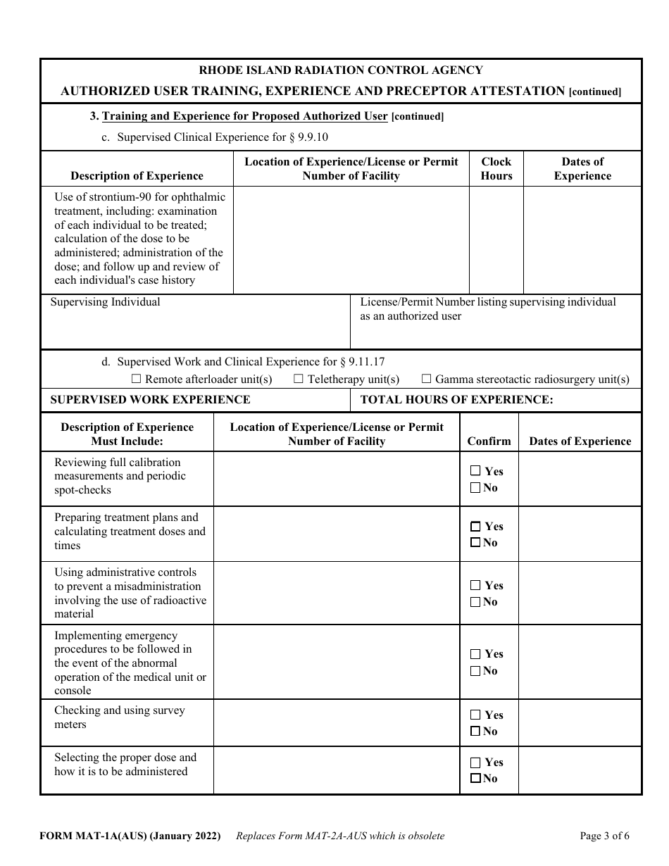 Form MAT-1A(AUS) Authorized User Training, Experience and Preceptor Attestation - Rhode Island, Page 3