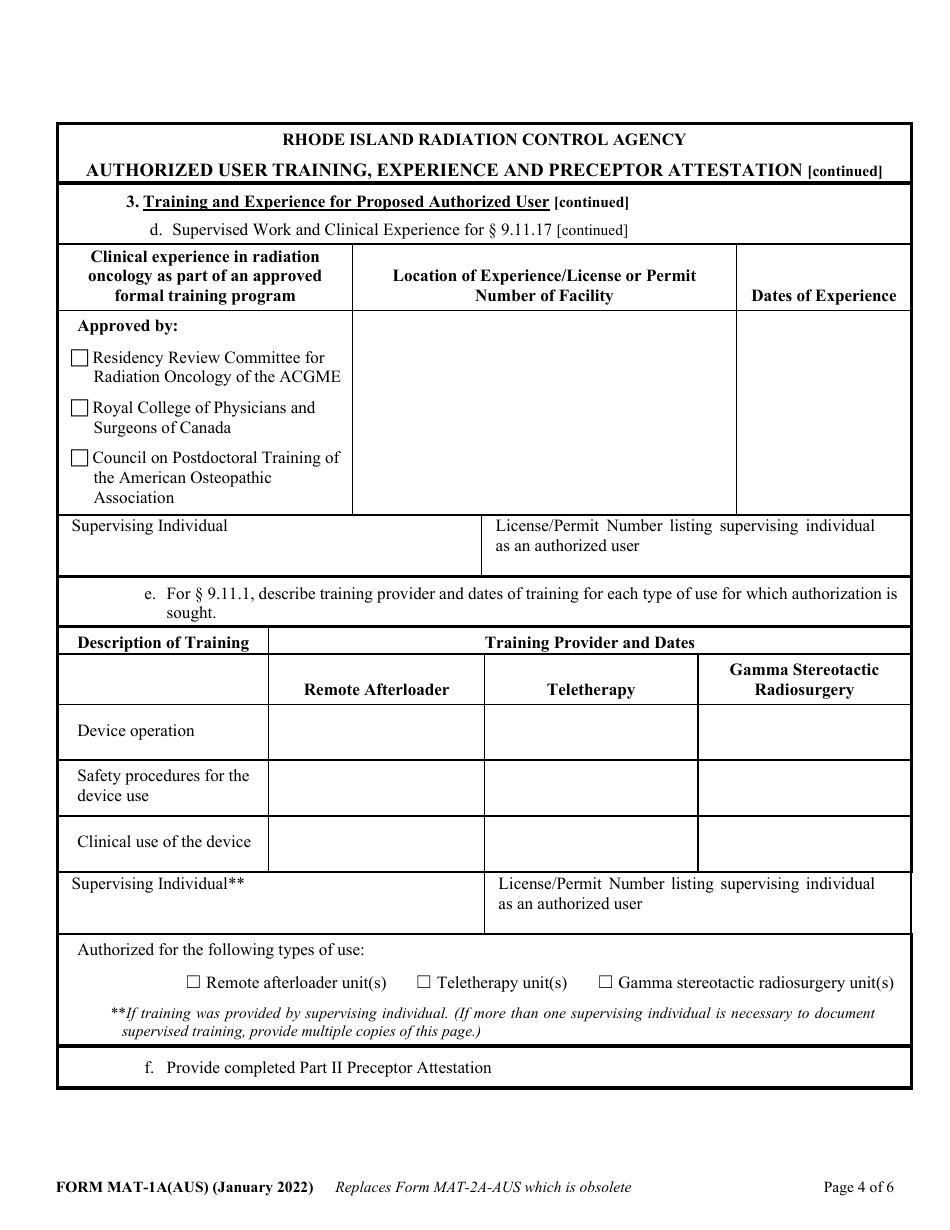 Form MAT-1A(AUS) Authorized User Training, Experience and Preceptor Attestation - Rhode Island, Page 4