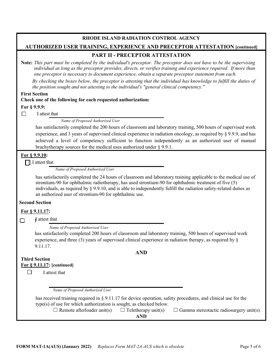 Form MAT-1A(AUS) Authorized User Training, Experience and Preceptor Attestation - Rhode Island, Page 5