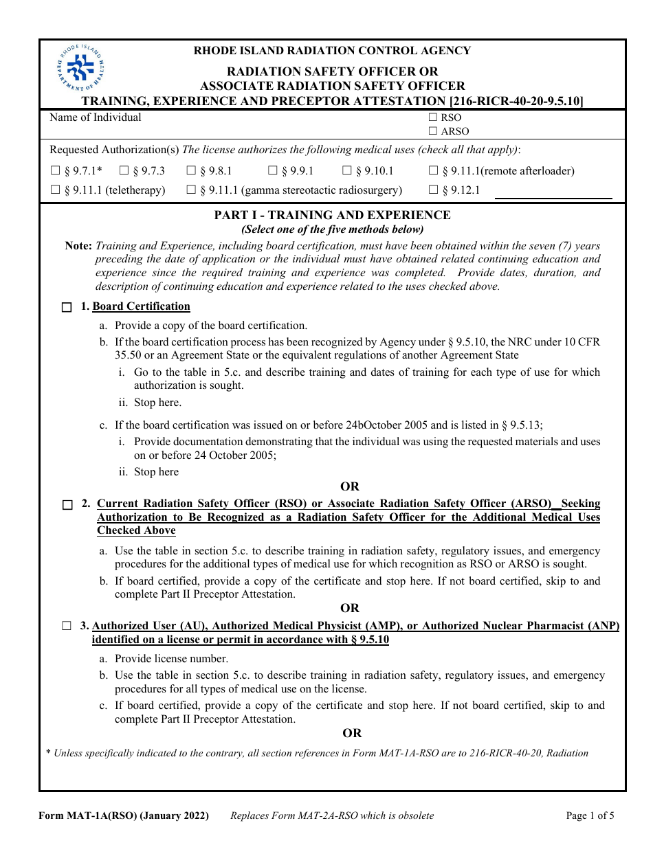 Form MAT-1A(RSO) Radiation Safety Officer or Associate Radiation Safety Officer Training, Experience and Preceptor Attestation [216-ricr-40-20-9.5.10] - Rhode Island, Page 1