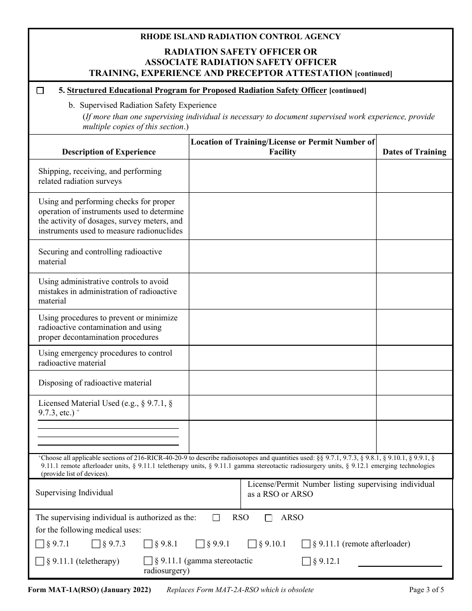 Form MAT-1A(RSO) Radiation Safety Officer or Associate Radiation Safety Officer Training, Experience and Preceptor Attestation [216-ricr-40-20-9.5.10] - Rhode Island, Page 3