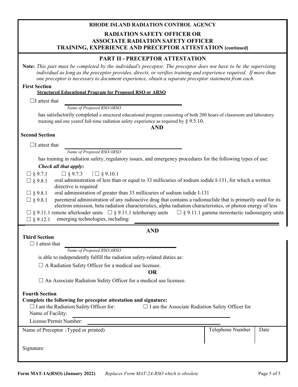 Form MAT-1A(RSO) Radiation Safety Officer or Associate Radiation Safety Officer Training, Experience and Preceptor Attestation [216-ricr-40-20-9.5.10] - Rhode Island, Page 5