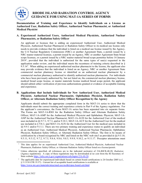 Instructions for Form MAT-1A Application for Radioactive Materials License - Rhode Island